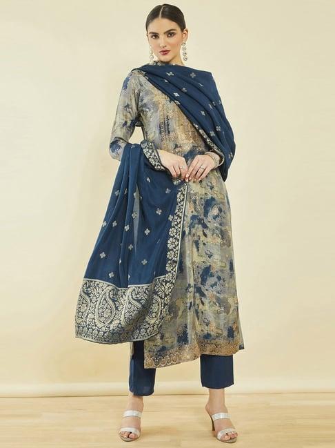 soch navy printed kurta pant set with dupatta