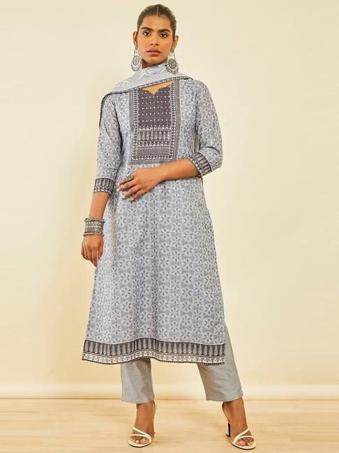 soch grey muslin botanical print suit set with dupatta