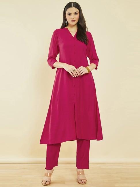 soch fuchsia silk blend a-line kurta sets with pocket