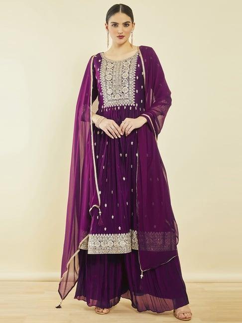 soch wine georgette floral embroidered suit set with dupatta