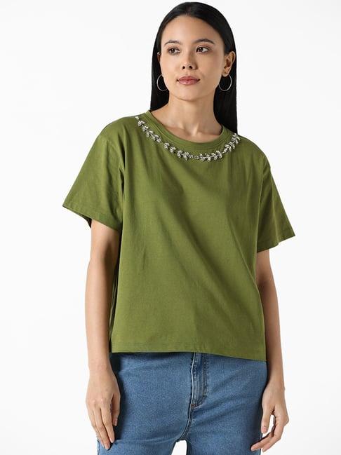 lov by westside leaf green embroidered draky t-shirt