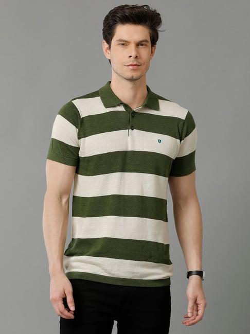 linen club green & white contemporary fit striped polo t-shirt