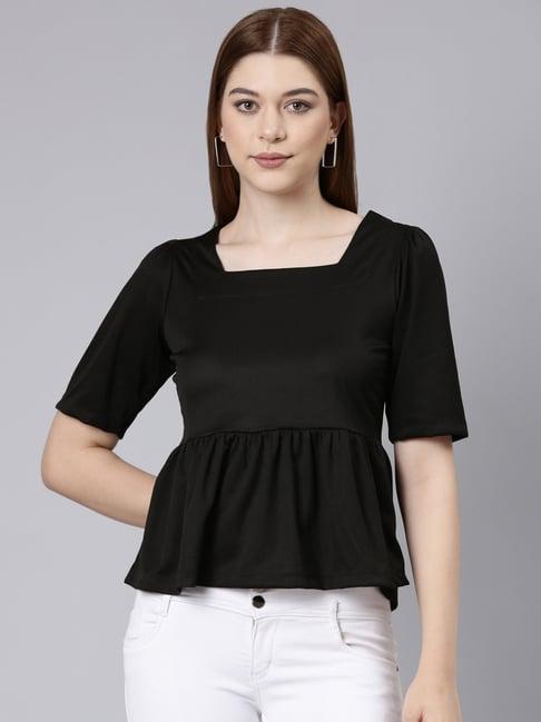 twin birds black square neck top