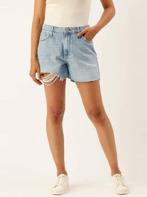 forever 21 blue cotton mid rise distressed shorts