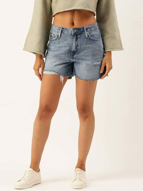 forever 21 blue cotton mid rise distressed shorts