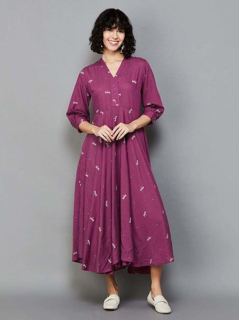 colour me by melange purple printed a-line dress