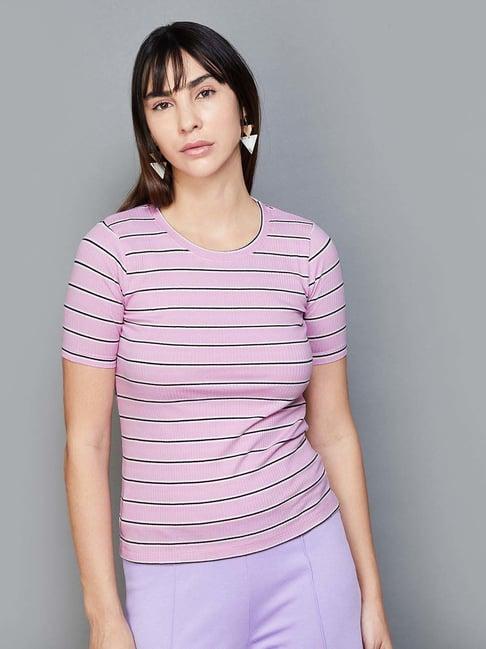 code by lifestyle purple cotton striped t-shirt