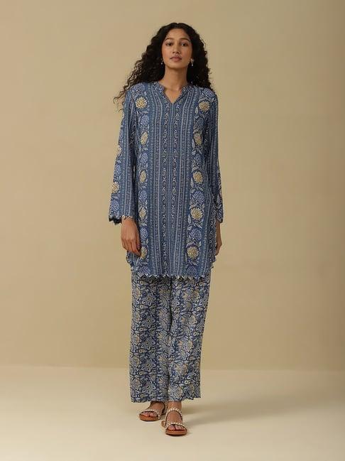 aarke ritu kumar blue floral print kurta pant set