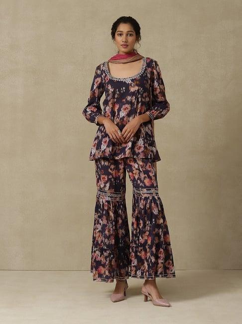 aarke ritu kumar blue floral print kurta with sharara & dupatta