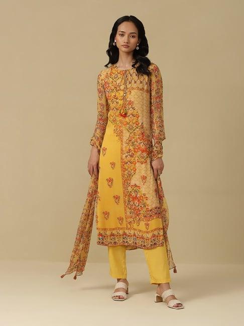 aarke ritu kumar yellow floral print kurta with pant & dupatta