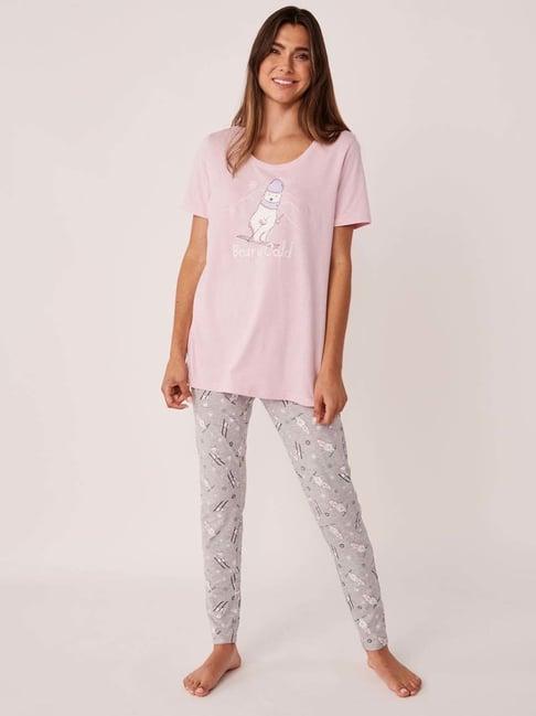 la vie en rose pink & grey cotton printed top & pyjama set