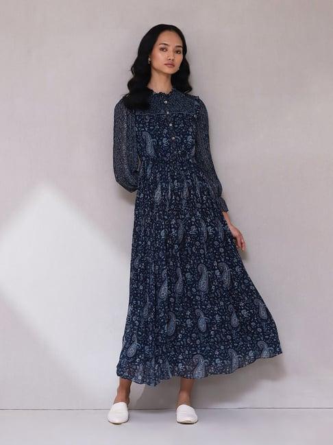 aarke ritu kumar blue paisley print maxi dress