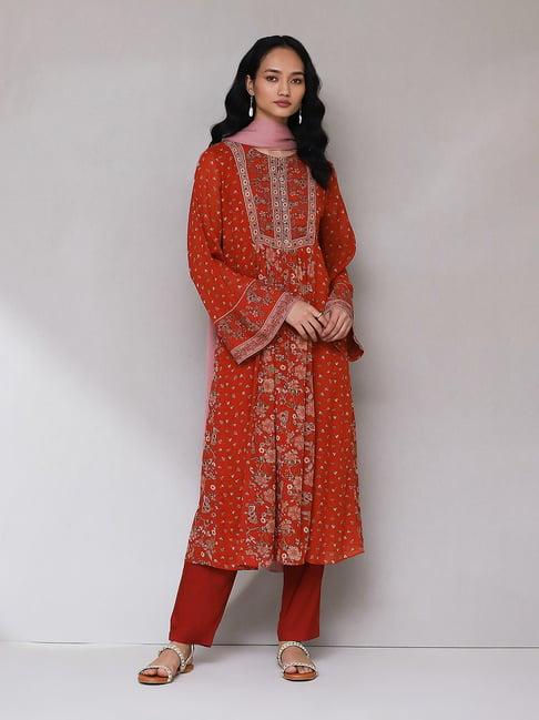 aarke ritu kumar rust floral print kurta with pant & dupatta