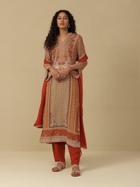 aarke ritu kumar rust floral print kurta with pant & dupatta