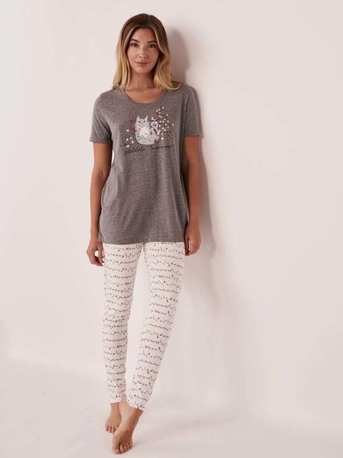 la vie en rose grey & white cotton printed top & pyjama set