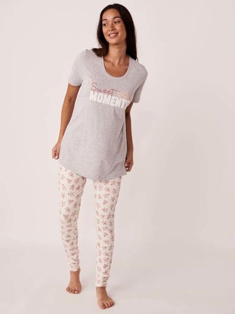 la vie en rose grey & white cotton printed top & pyjama set