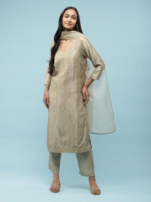 aarke ritu kumar light olive embroidered kurta with pant & dupatta