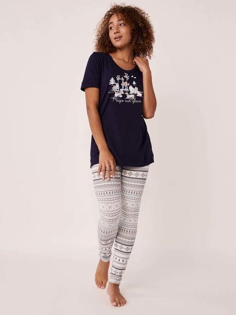 la vie en rose navy & white cotton printed top & pyjama set