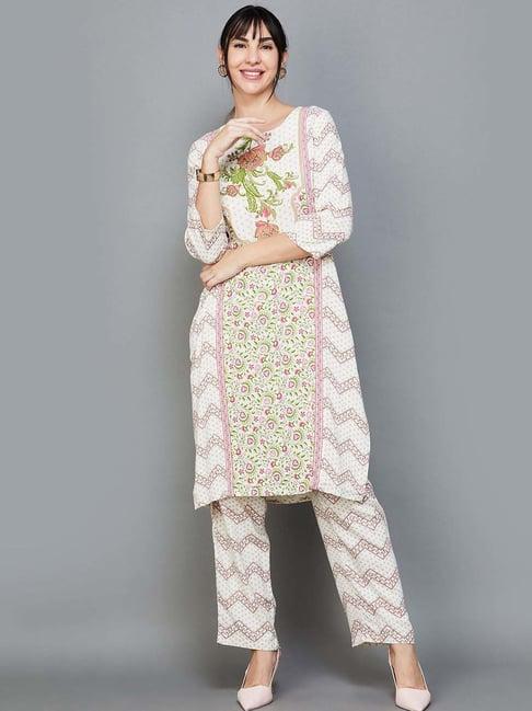 melange by lifestyle white floral print kurta pant set