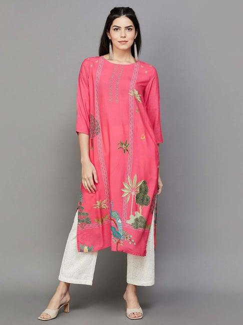 melange by lifestyle fuchsia printed straight kurta