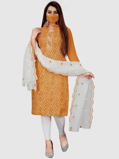 apnisha yellow & white cotton printed unstitched dress material