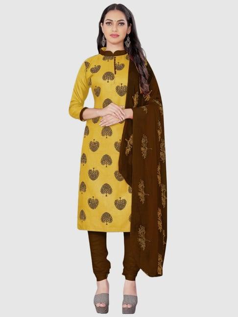 apnisha yellow & brown cotton printed unstitched dress material