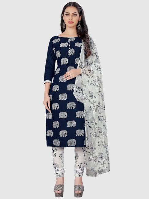 apnisha navy & white cotton printed unstitched dress material