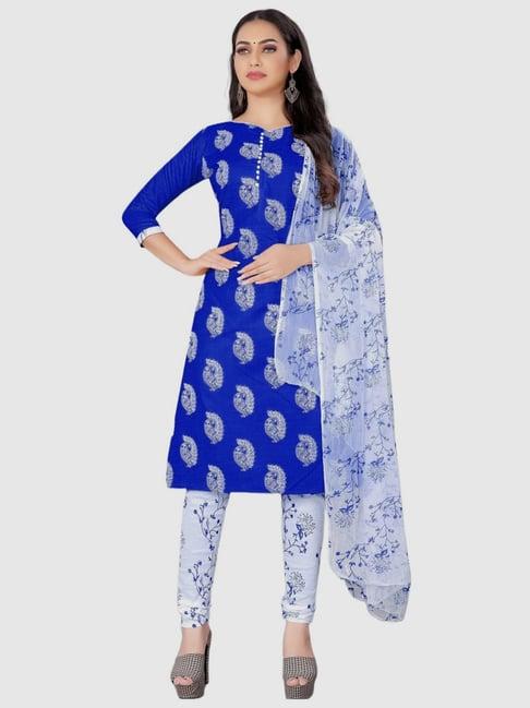 apnisha blue & white cotton printed unstitched dress material