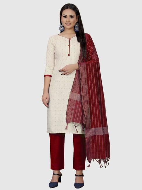 apnisha white & maroon cotton printed unstitched dress material