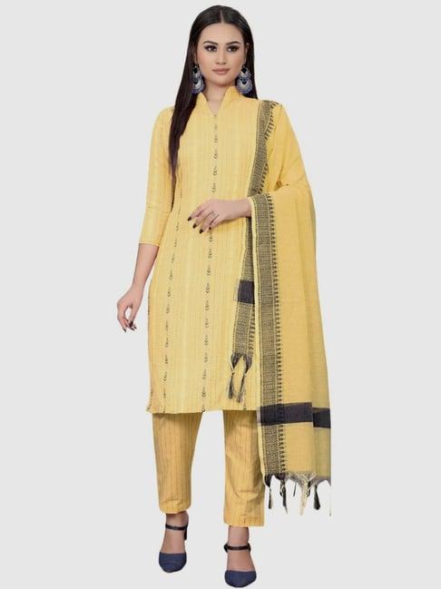 apnisha yellow cotton striped unstitched dress material