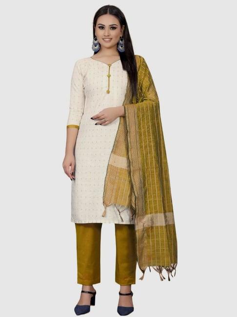 apnisha white & yellow cotton printed unstitched dress material