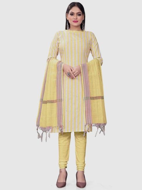 apnisha yellow cotton striped unstitched dress material