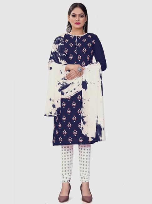 apnisha navy & white cotton printed unstitched dress material