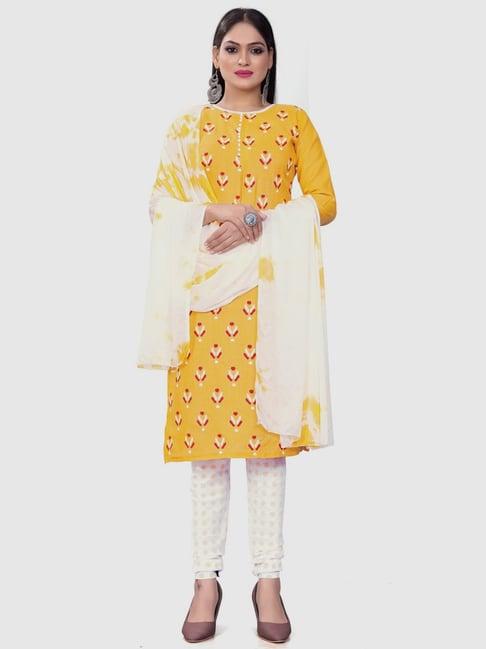 apnisha yellow & white cotton printed unstitched dress material