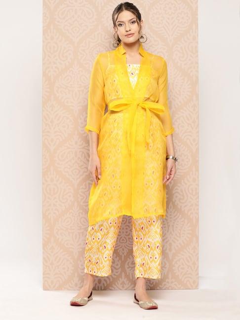 indo era yellow printed crop top & pant set with jacket