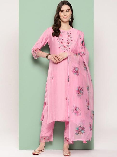 indo era pink embroidered kurta with pant & dupatta