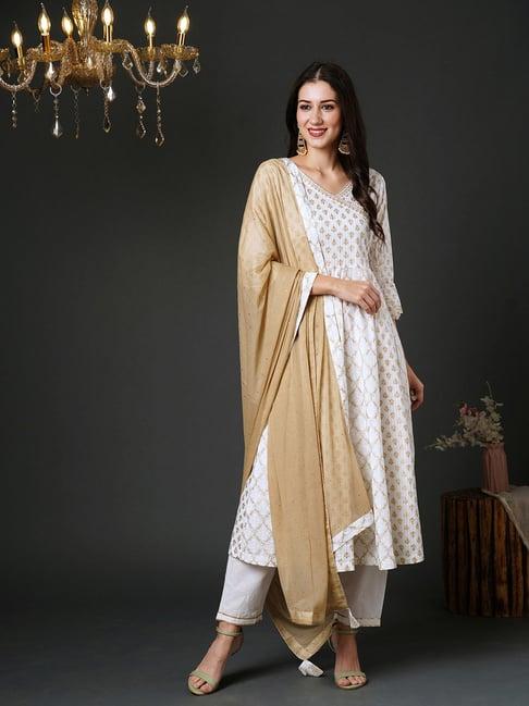 indo era off white printed kurta with pant & dupatta