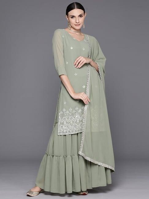 indo era sea green embroidered kurta with sharara & dupatta