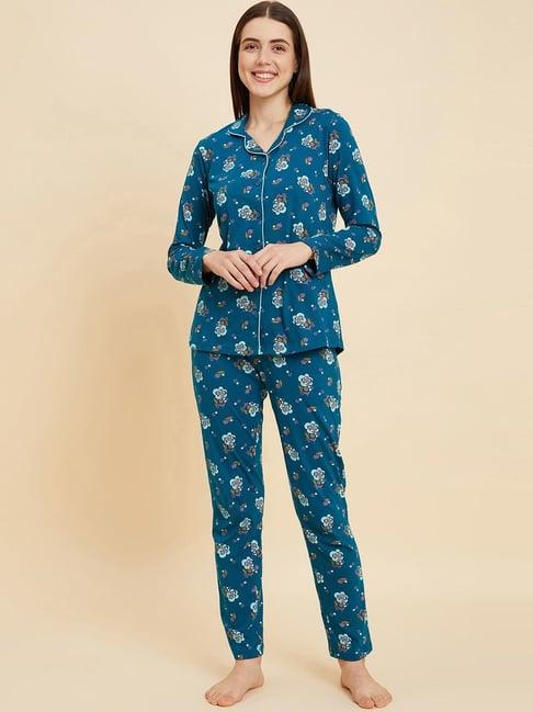 sweet dreams teal blue cotton printed shirt pyjama set