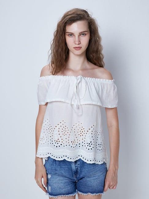 cover story white cotton self design top