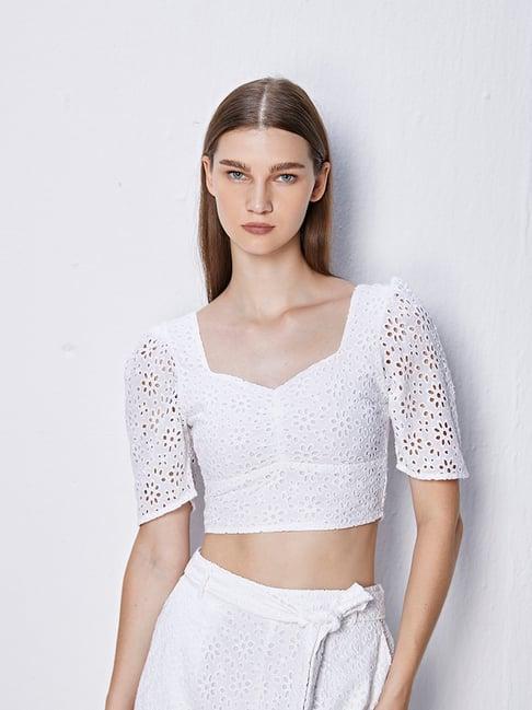 cover story white cotton self design crop top