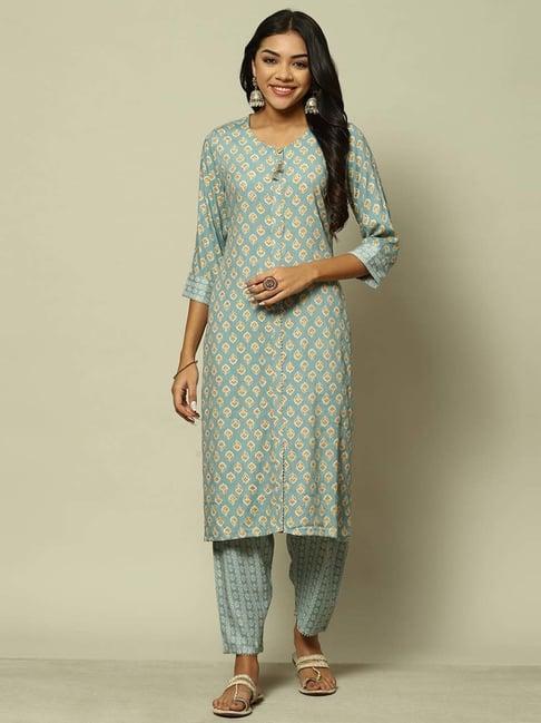 rangriti blue cotton printed kurta palazzo set