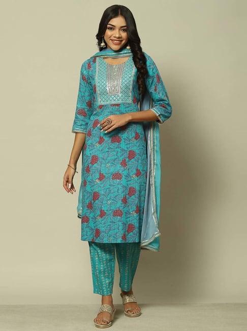 rangriti blue cotton printed kurta pant set with dupatta