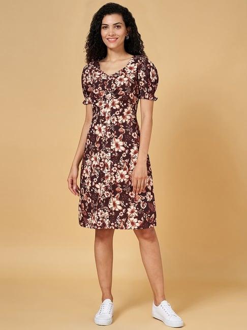 honey by pantaloons brown printed a-line dress