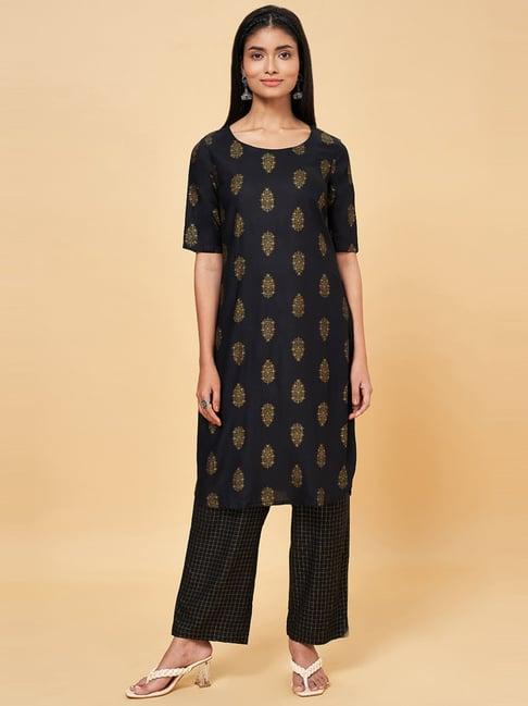 rangmanch by pantaloons black printed kurta pant set