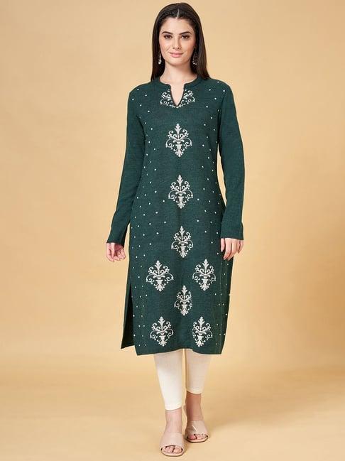 rangmanch by pantaloons green printed straight kurta