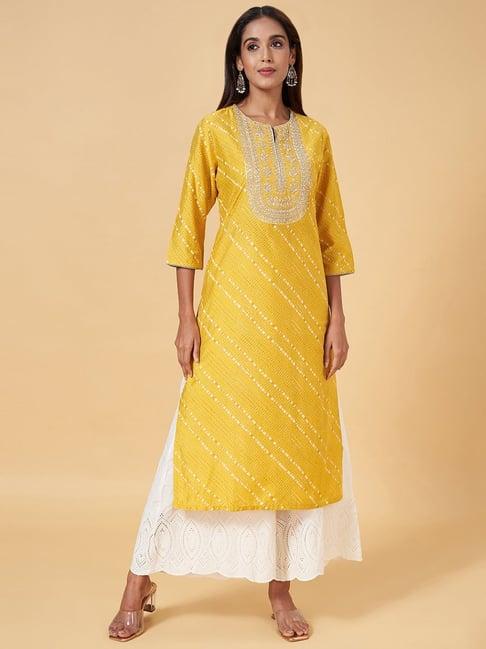 rangmanch by pantaloons mustard embroidered straight kurta