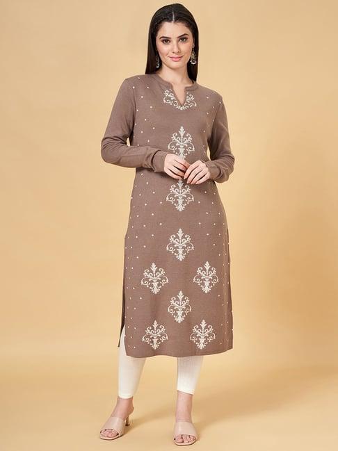 rangmanch by pantaloons brown printed straight kurta