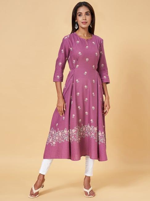 rangmanch by pantaloons purple cotton printed a line kurta