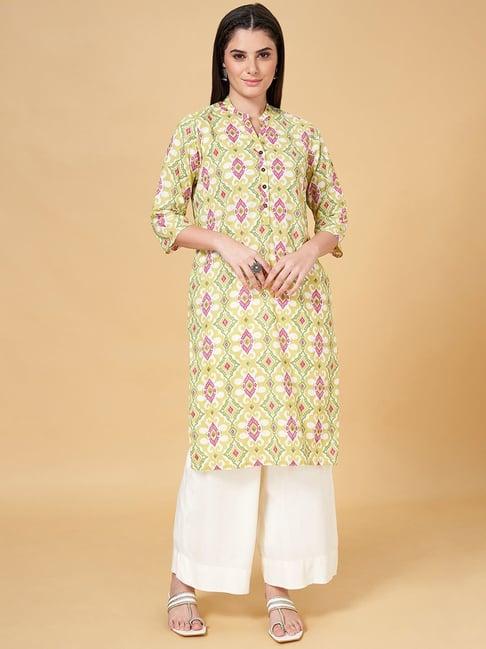 rangmanch by pantaloons green cotton printed straight kurta